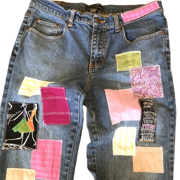 Boho Patch Jeans, 10P: Upcycled Hippie Pants, Paris Theme, Decorative Stitching - Picture 6 of 10